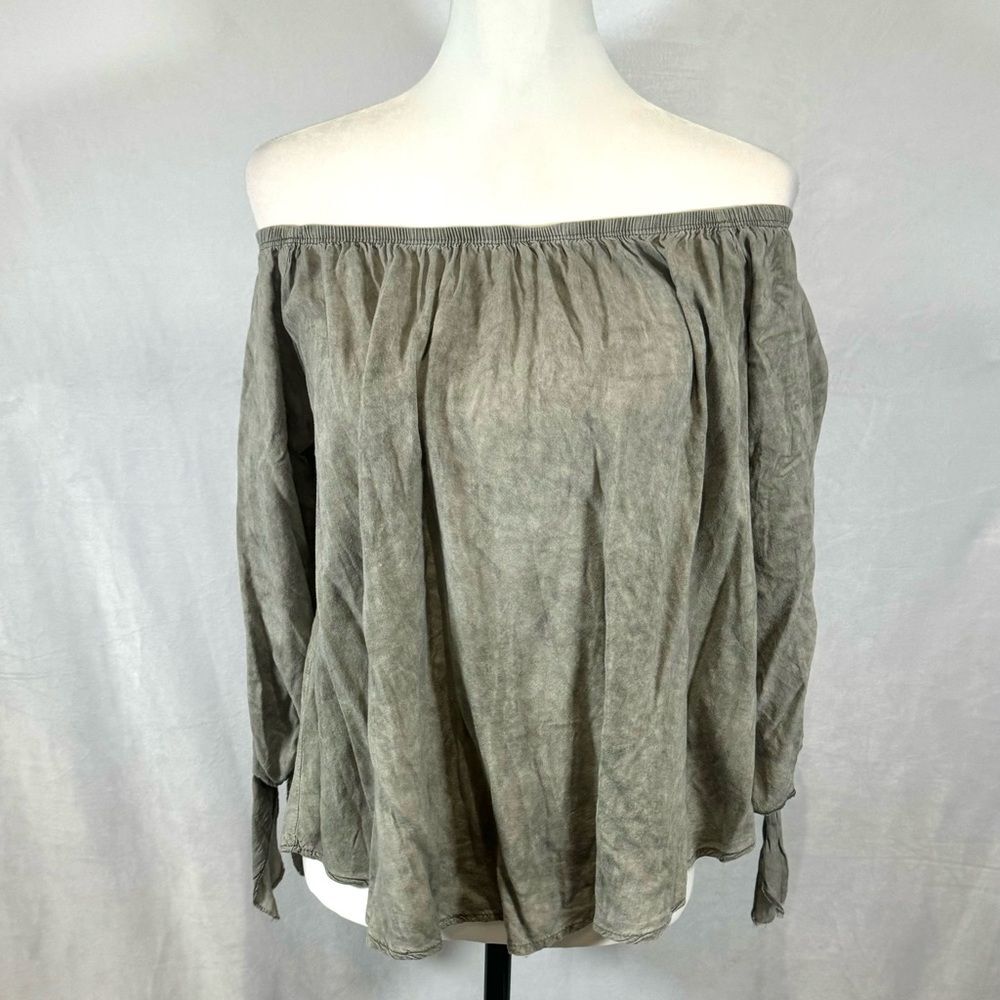 Jella Coutoure olive green acid washed off shoulder top size medium